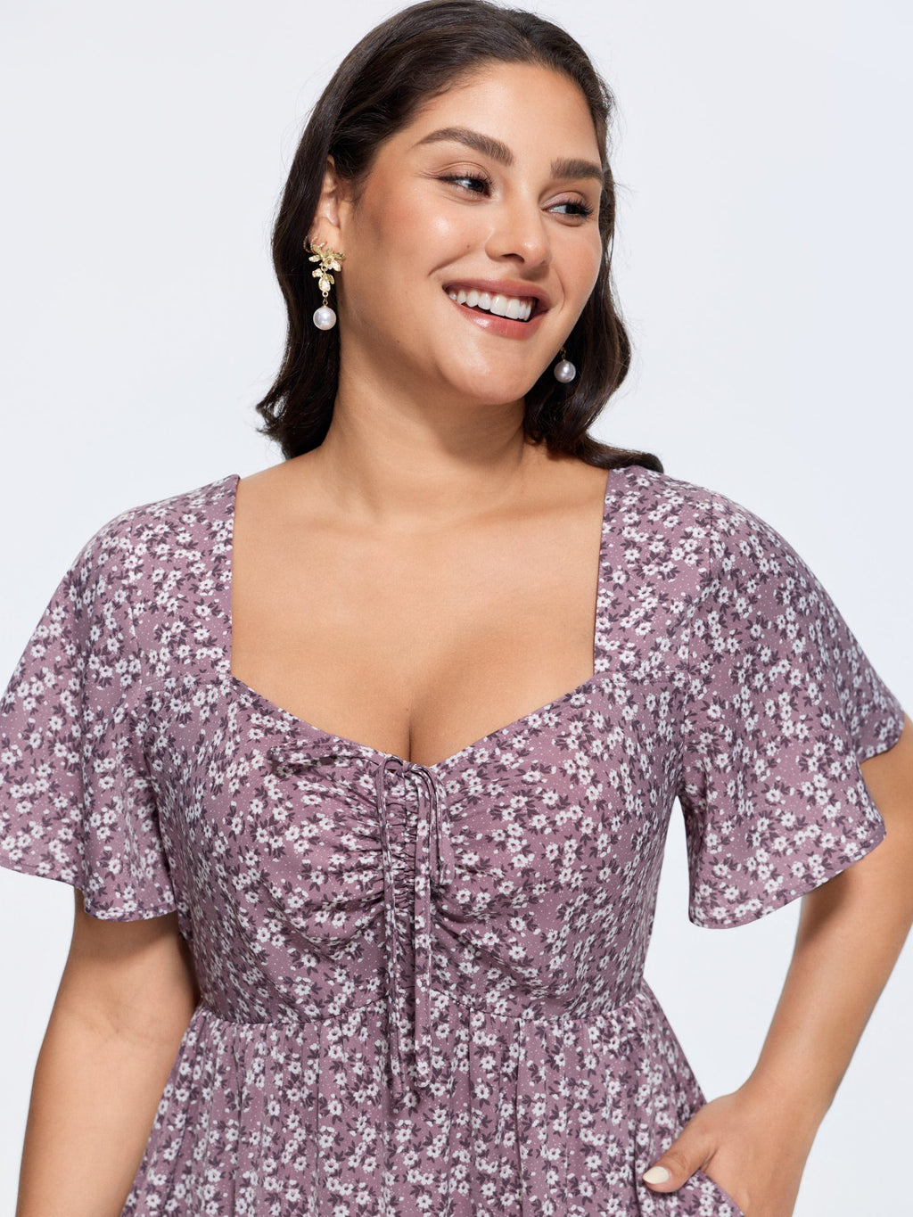 Ditsy Floral Sweetheart Drawstring Pocket Tiered Dress