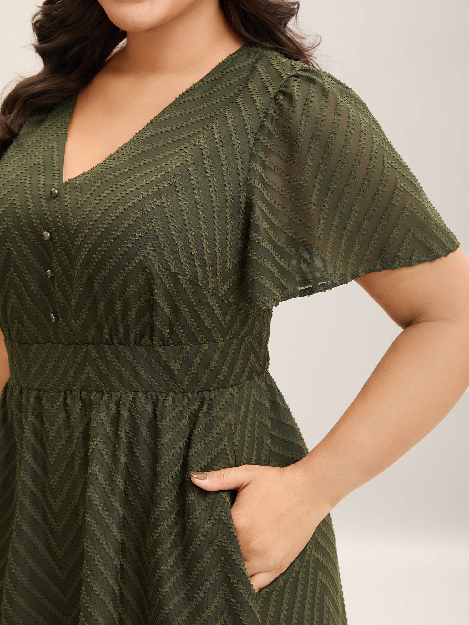 Textured Woven-Like Cinched-Waist Midi Dress