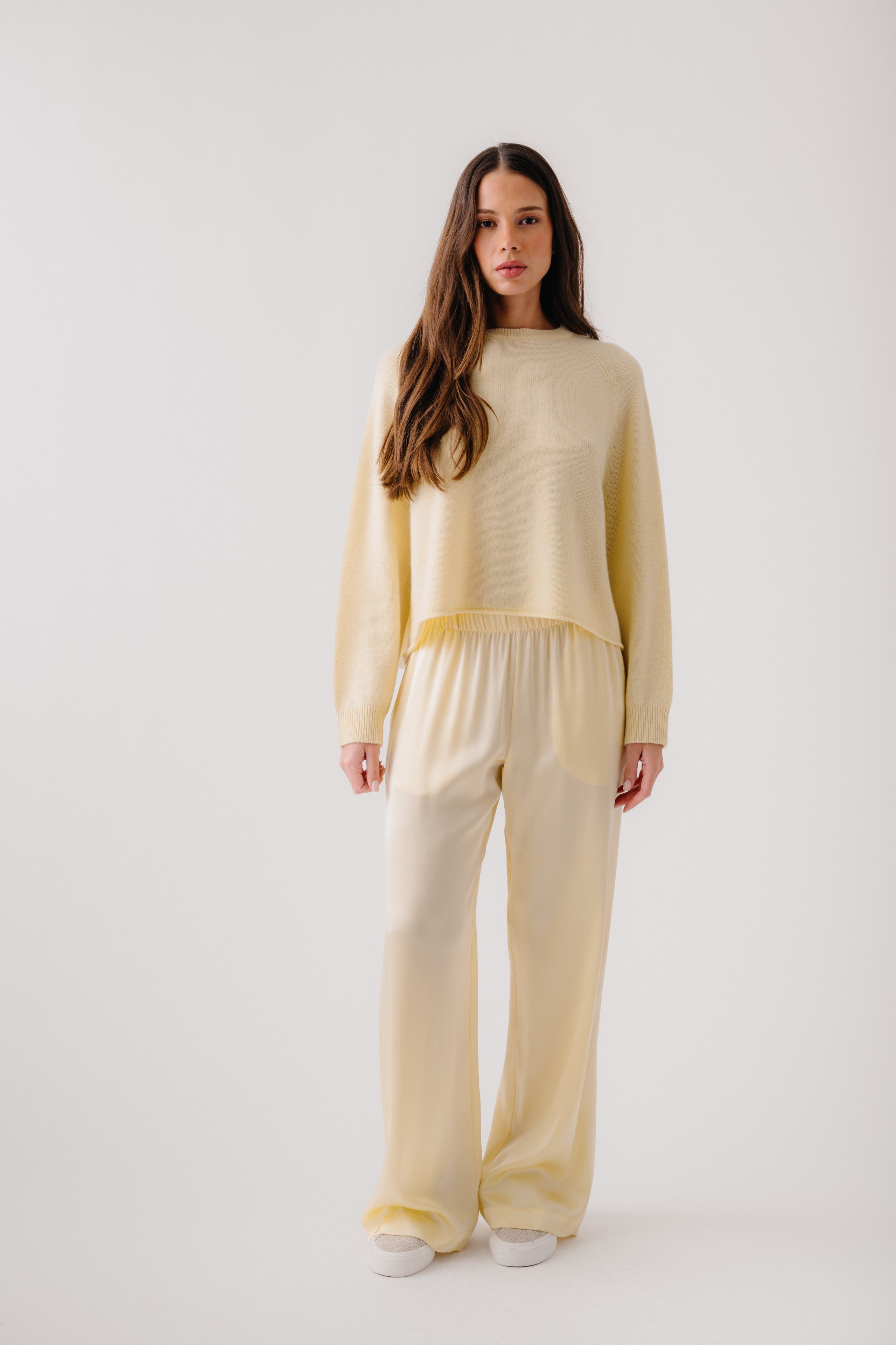 BRYNN HIGH RISE PULL ON WIDE LEG SILK PANT | BUTTERCUP