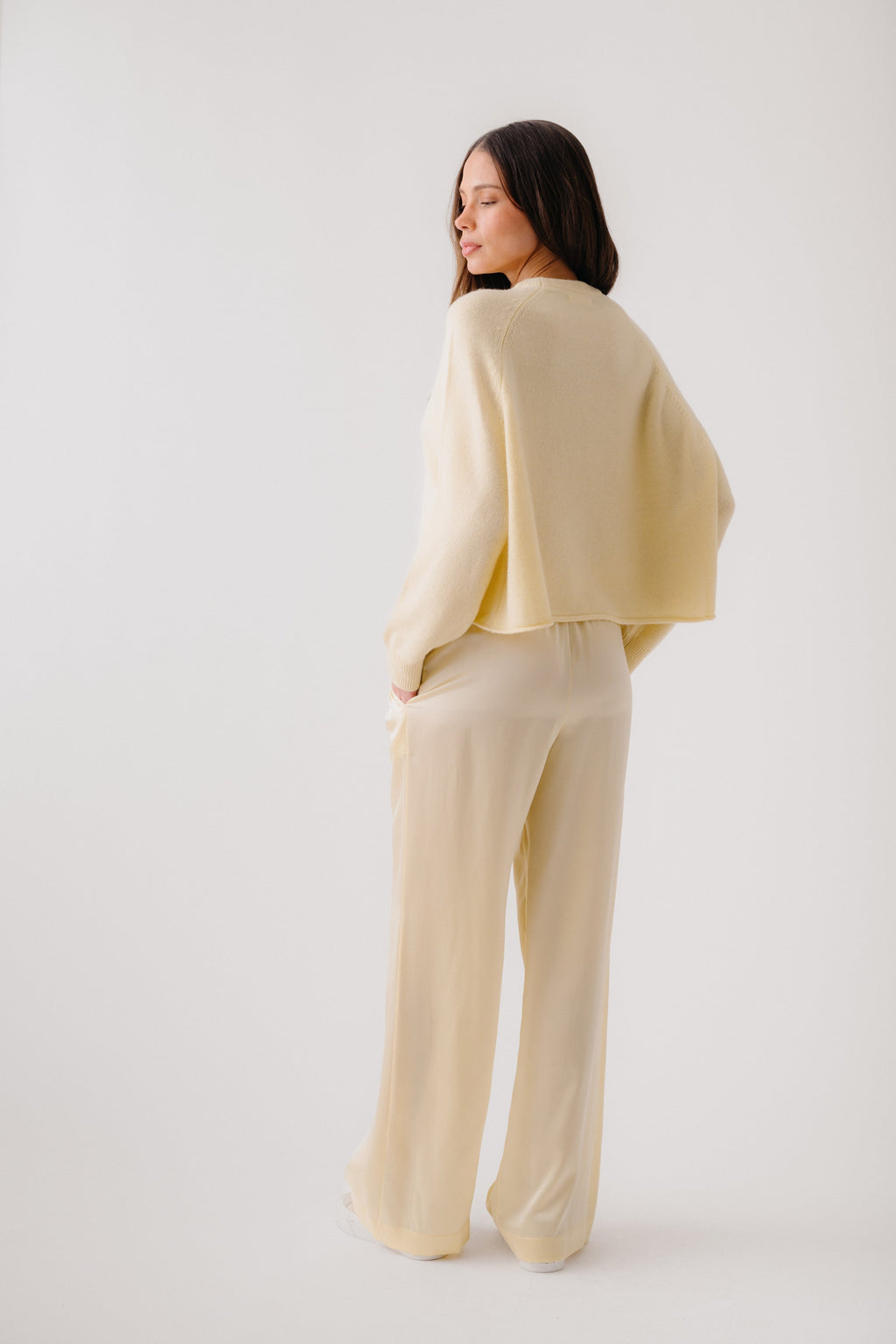 BRYNN HIGH RISE PULL ON WIDE LEG SILK PANT | BUTTERCUP